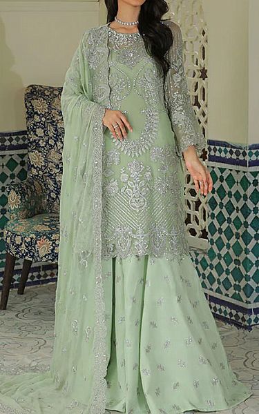 Imrozia Light Green Net Suit | Pakistani Wedding Dresses- Image 1