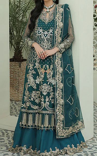 Imrozia Teal Net Suit | Pakistani Wedding Dresses- Image 1