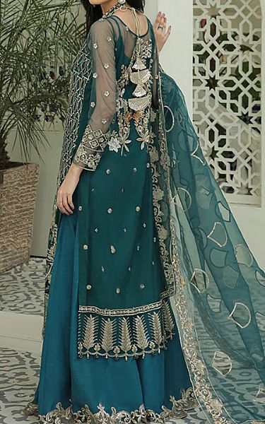 Imrozia Teal Net Suit | Pakistani Wedding Dresses- Image 2