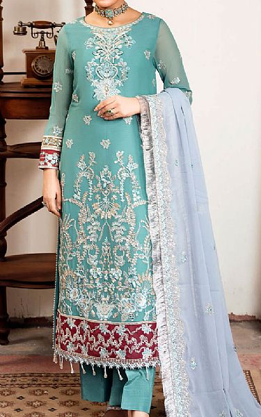 Imrozia Light Turquoise Chiffon Suit | Pakistani Embroidered Chiffon Dresses USA- Image 1