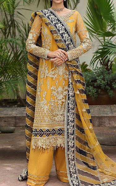 Imrozia Mustard Organza Suit | Pakistani Embroidered Chiffon Dresses USA- Image 1