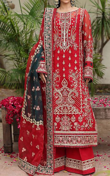 Imrozia Scarlet Organza Suit | Pakistani Embroidered Chiffon Dresses USA- Image 1