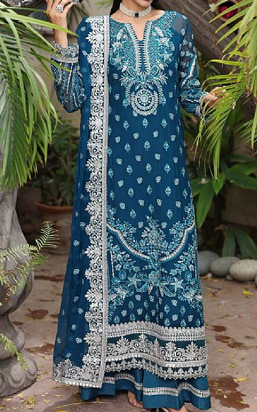 Imrozia Teal Chiffon Suit | Pakistani Embroidered Chiffon Dresses USA- Image 1