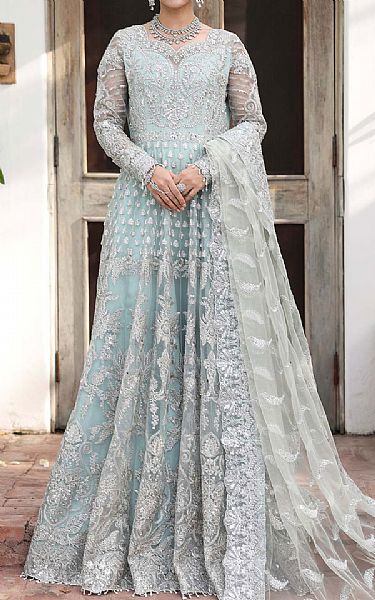 Imrozia Light Turquoise Organza Suit | Pakistani Embroidered Chiffon Dresses USA- Image 1