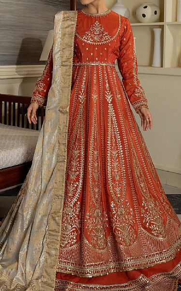 Imrozia Bright Orange Silk Suit | Pakistani Embroidered Chiffon Dresses- Image 1