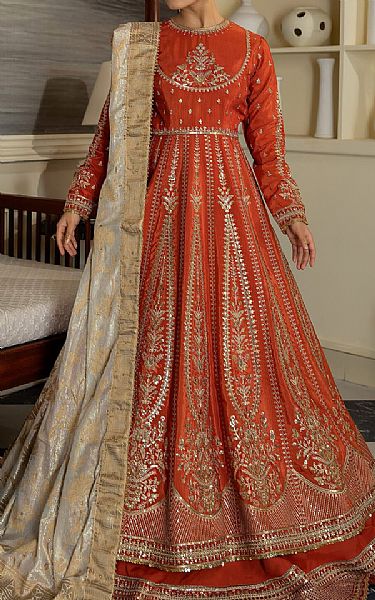 Imrozia Bright Orange Silk Suit | Pakistani Embroidered Chiffon Dresses USA- Image 1