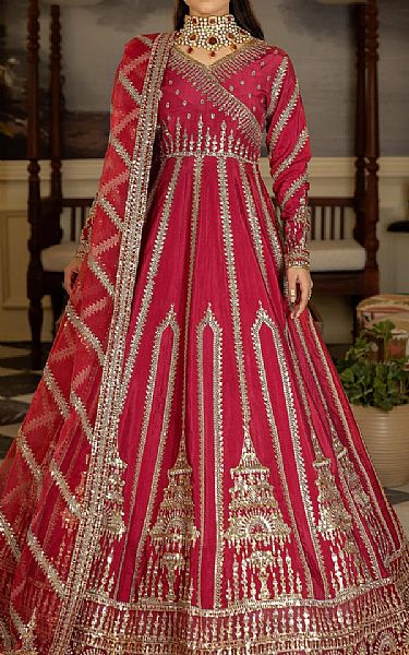Imrozia Crimson Silk Suit | Pakistani Embroidered Chiffon Dresses- Image 1
