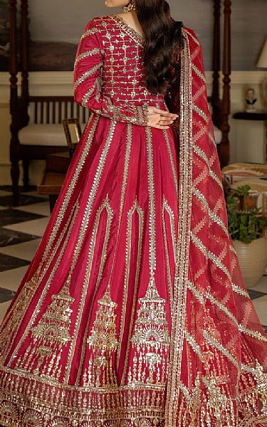 Imrozia Crimson Silk Suit | Pakistani Embroidered Chiffon Dresses- Image 2