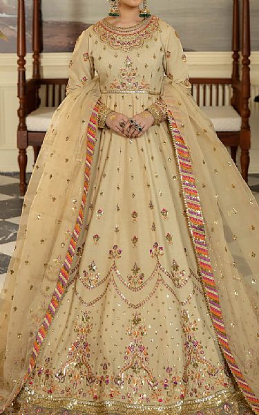 Imrozia Sand Gold Silk Suit | Pakistani Embroidered Chiffon Dresses- Image 1