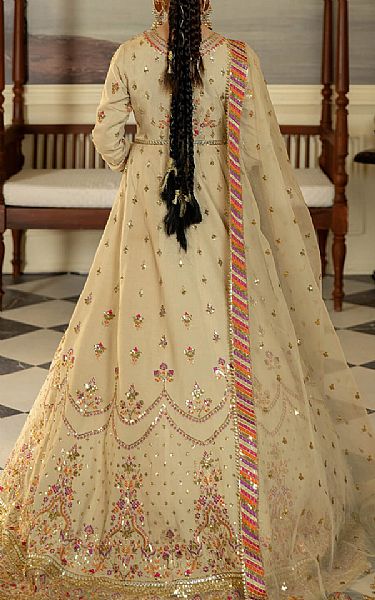 Imrozia Sand Gold Silk Suit | Pakistani Embroidered Chiffon Dresses- Image 2