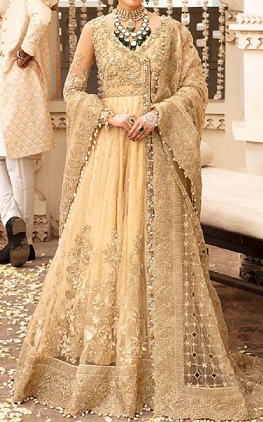 Imrozia Sand Gold/Tan Net Suit | Pakistani Embroidered Chiffon Dresses- Image 1