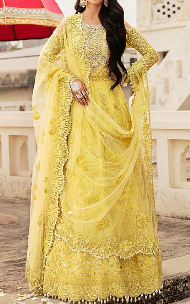Imrozia Yellow Net Suit | Pakistani Embroidered Chiffon Dresses- Image 1