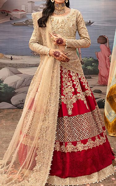 Imrozia Tan/Red Tissue Suit | Pakistani Embroidered Chiffon Dresses- Image 1