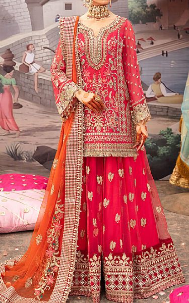 Imrozia Rich Carmine Chiffon Suit | Pakistani Embroidered Chiffon Dresses- Image 1