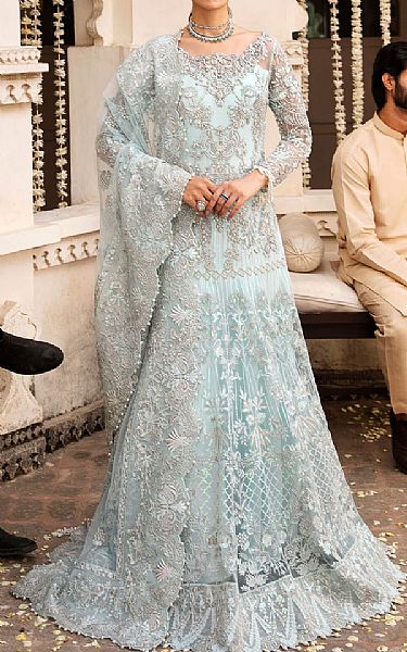 Imrozia Pale Blue Net Suit | Pakistani Embroidered Chiffon Dresses- Image 1