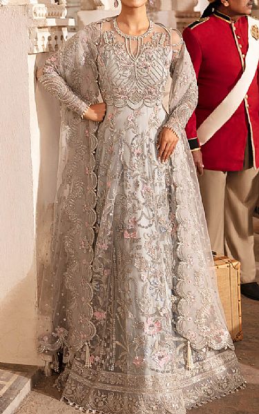 Imrozia Grey Net Suit | Pakistani Embroidered Chiffon Dresses- Image 1
