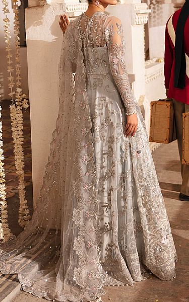 Imrozia Grey Net Suit | Pakistani Embroidered Chiffon Dresses- Image 2