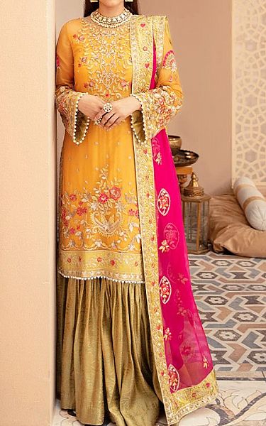 Imrozia Golden Yellow Chiffon Suit | Pakistani Wedding Dresses- Image 1