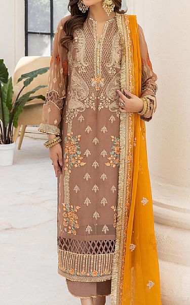 Imrozia Taupe Chiffon Suit | Pakistani Embroidered Chiffon Dresses- Image 1