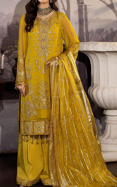 Imrozia Mustard Chiffon Suit | Pakistani Embroidered Chiffon Dresses- Image 1