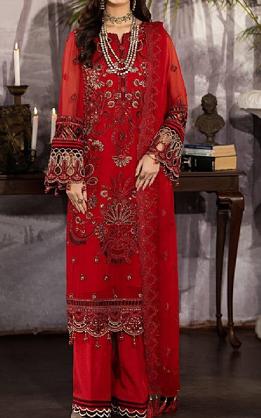 Imrozia Scarlet Chiffon Suit | Pakistani Embroidered Chiffon Dresses- Image 1