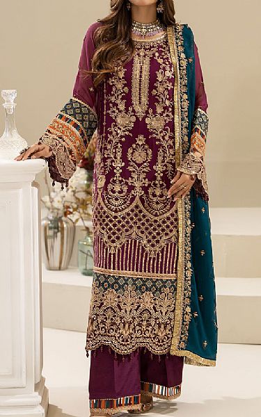 Imrozia Egg Plant Chiffon Suit | Pakistani Embroidered Chiffon Dresses USA- Image 1