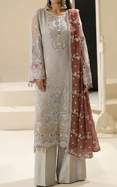 Imrozia Grey Chiffon Suit | Pakistani Embroidered Chiffon Dresses USA- Image 1