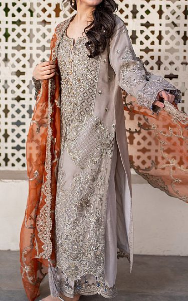Imrozia Warm Grey Organza Suit | Pakistani Embroidered Chiffon Dresses USA- Image 1