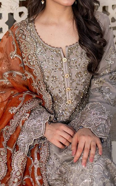 Imrozia Warm Grey Organza Suit | Pakistani Embroidered Chiffon Dresses USA- Image 3