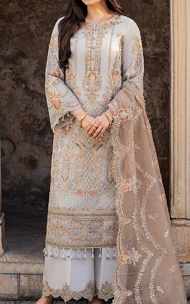 Imrozia Grey Organza Suit | Pakistani Embroidered Chiffon Dresses USA- Image 1