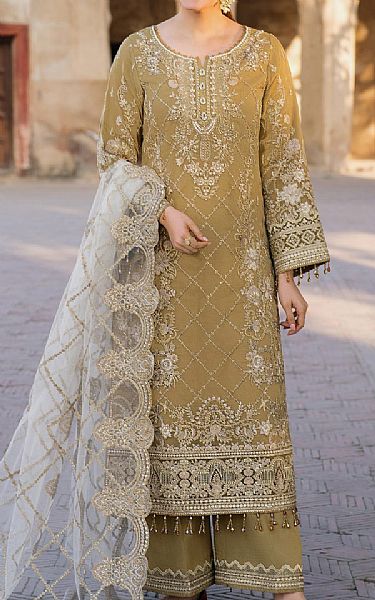 Imrozia Dark Sand Organza Suit | Pakistani Embroidered Chiffon Dresses USA- Image 1