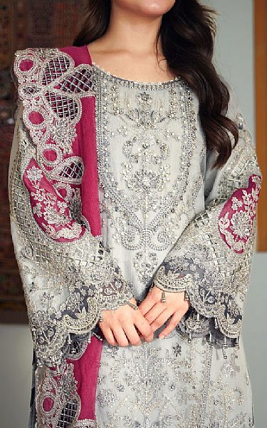 Imrozia Grey Organza Suit | Pakistani Embroidered Chiffon Dresses USA- Image 3