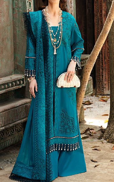 Imrozia Teal Blue Lawn Suit | Pakistani Lawn Suits- Image 1