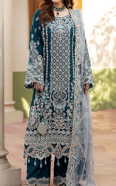 Imrozia Teal Organza Suit | Pakistani Embroidered Chiffon Dresses USA- Image 1