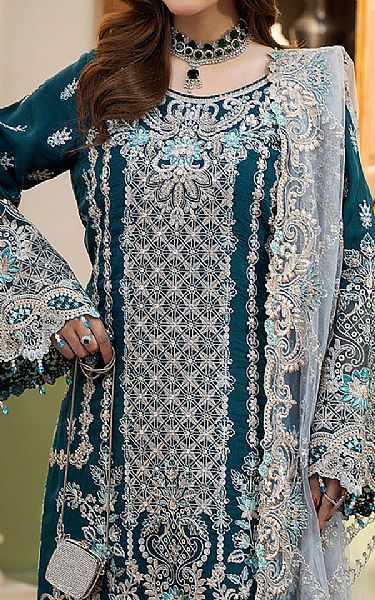 Imrozia Teal Organza Suit | Pakistani Embroidered Chiffon Dresses USA- Image 3