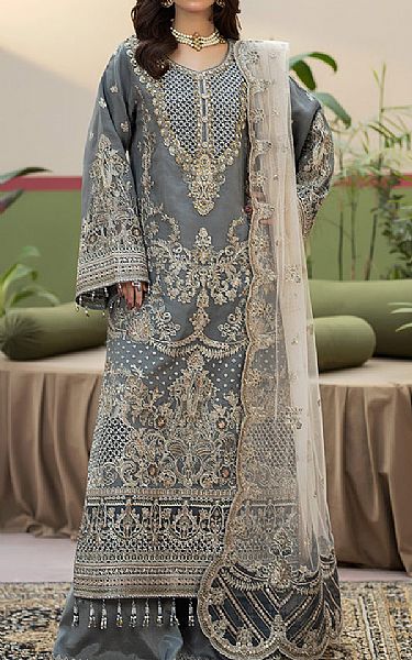 Imrozia Grey Organza Suit | Pakistani Embroidered Chiffon Dresses USA- Image 1