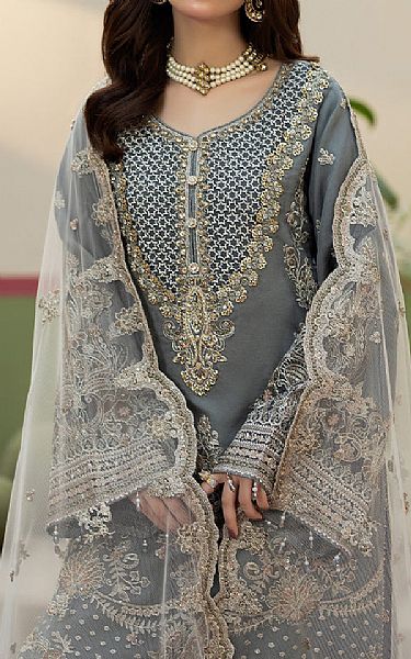 Imrozia Grey Organza Suit | Pakistani Embroidered Chiffon Dresses USA- Image 3