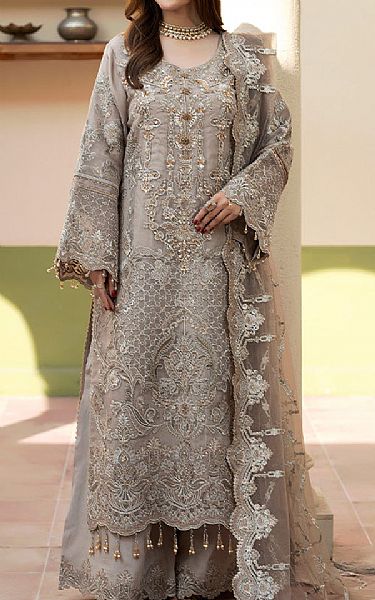 Imrozia Beige Organza Suit | Pakistani Embroidered Chiffon Dresses USA- Image 1