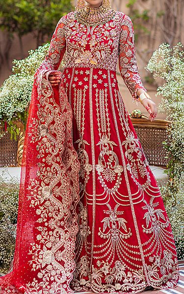 Imrozia Red Net Suit | Pakistani Embroidered Chiffon Dresses- Image 1