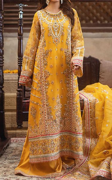 Imrozia Golden Yellow Organza Suit | Pakistani Embroidered Chiffon Dresses USA- Image 1
