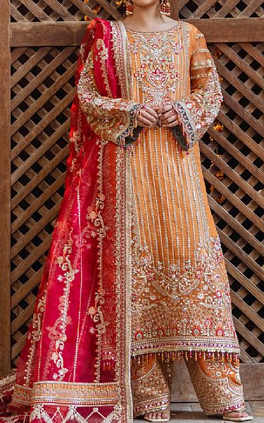 Imrozia Cadmium Orange Organza Suit | Pakistani Embroidered Chiffon Dresses USA- Image 1