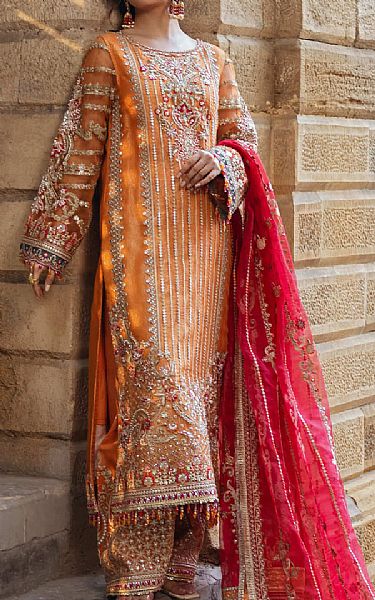 Imrozia Cadmium Orange Organza Suit | Pakistani Embroidered Chiffon Dresses USA- Image 2