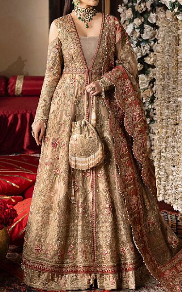 Imrozia Fawn/Coral Net Suit | Pakistani Embroidered Chiffon Dresses USA- Image 1