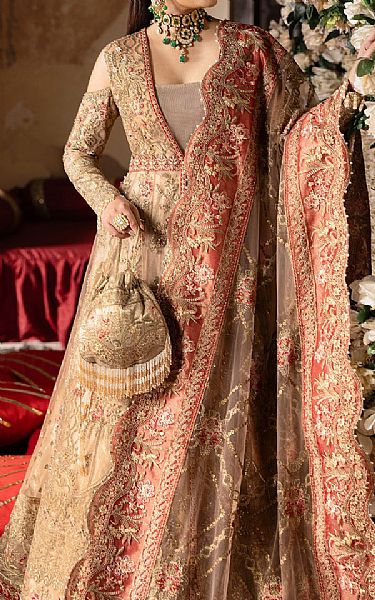Imrozia Fawn/Coral Net Suit | Pakistani Embroidered Chiffon Dresses USA- Image 3