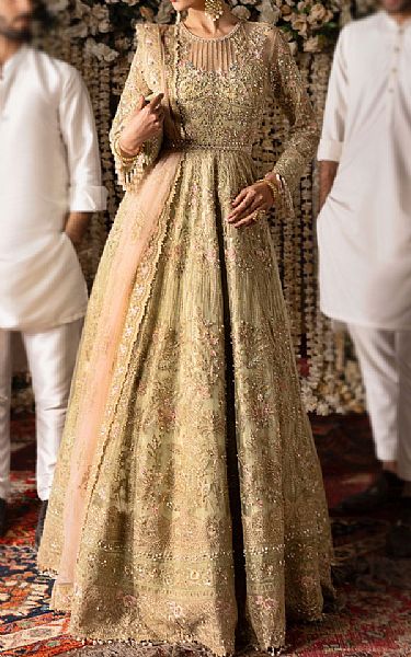 Imrozia Pistachio/Gold Net Suit | Pakistani Embroidered Chiffon Dresses USA- Image 1