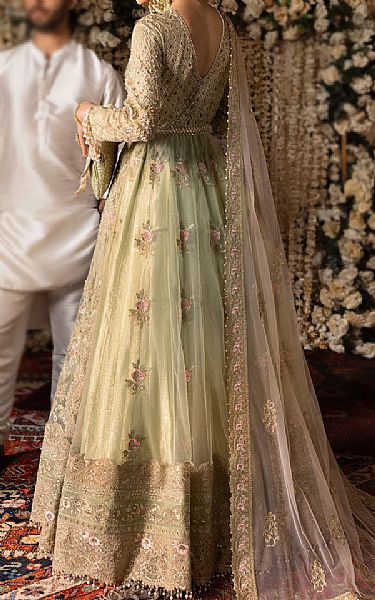Imrozia Pistachio/Gold Net Suit | Pakistani Embroidered Chiffon Dresses USA- Image 2