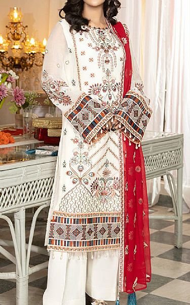 Imrozia Off White Chiffon Suit | Pakistani Embroidered Chiffon Dresses USA- Image 1