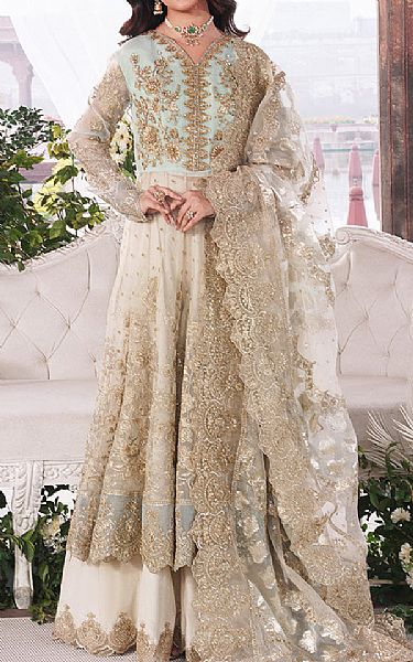 Imrozia Ivory/Sea Mist Net Suit | Pakistani Embroidered Chiffon Dresses USA- Image 1