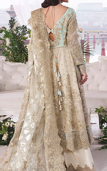 Imrozia Ivory/Sea Mist Net Suit | Pakistani Embroidered Chiffon Dresses USA- Image 2