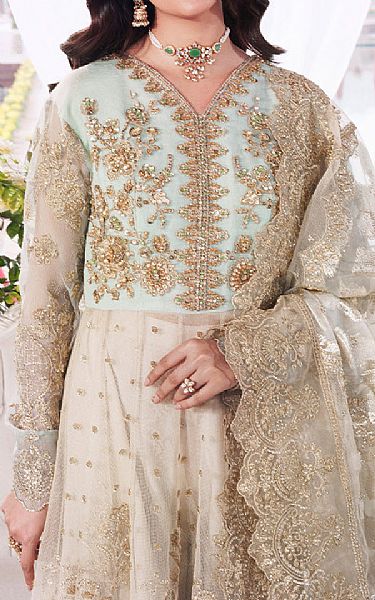 Imrozia Ivory/Sea Mist Net Suit | Pakistani Embroidered Chiffon Dresses USA- Image 3